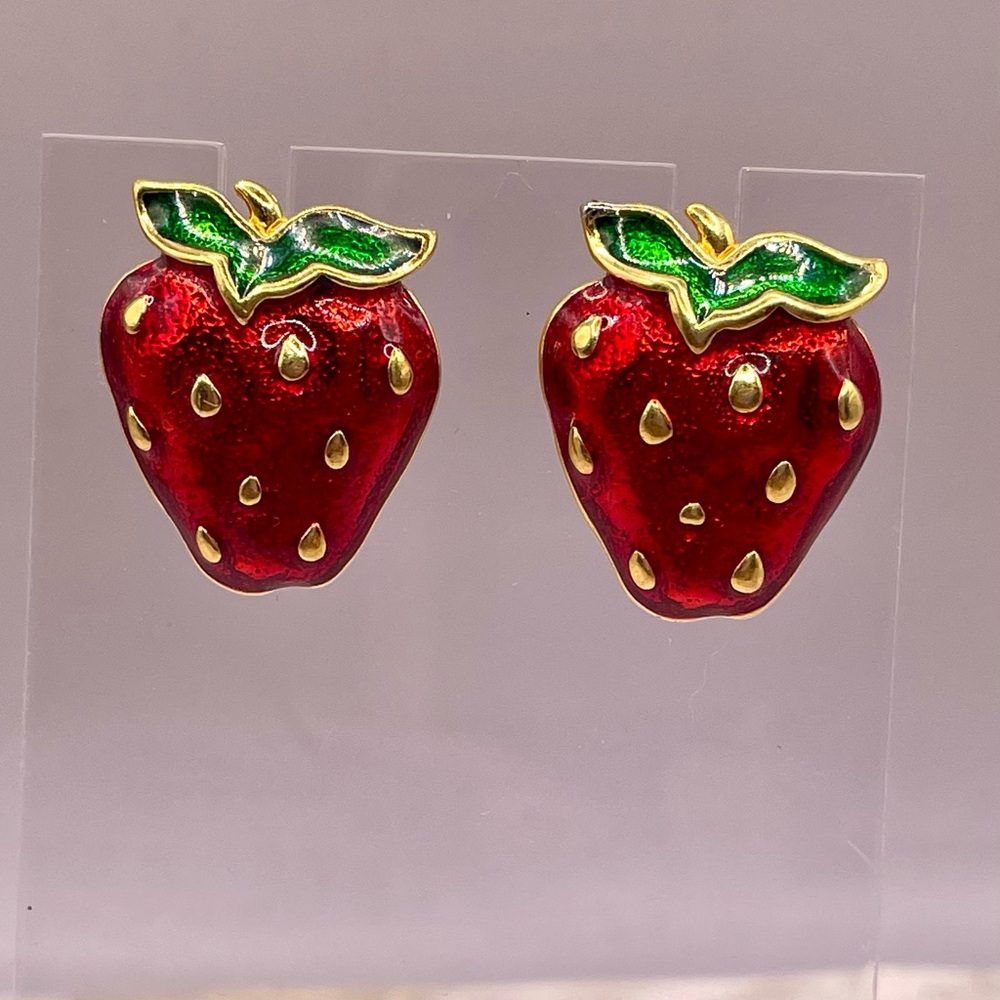 Vintage Gold Tone Enamel Red and Green Strawberry Shaped Stud Earrings